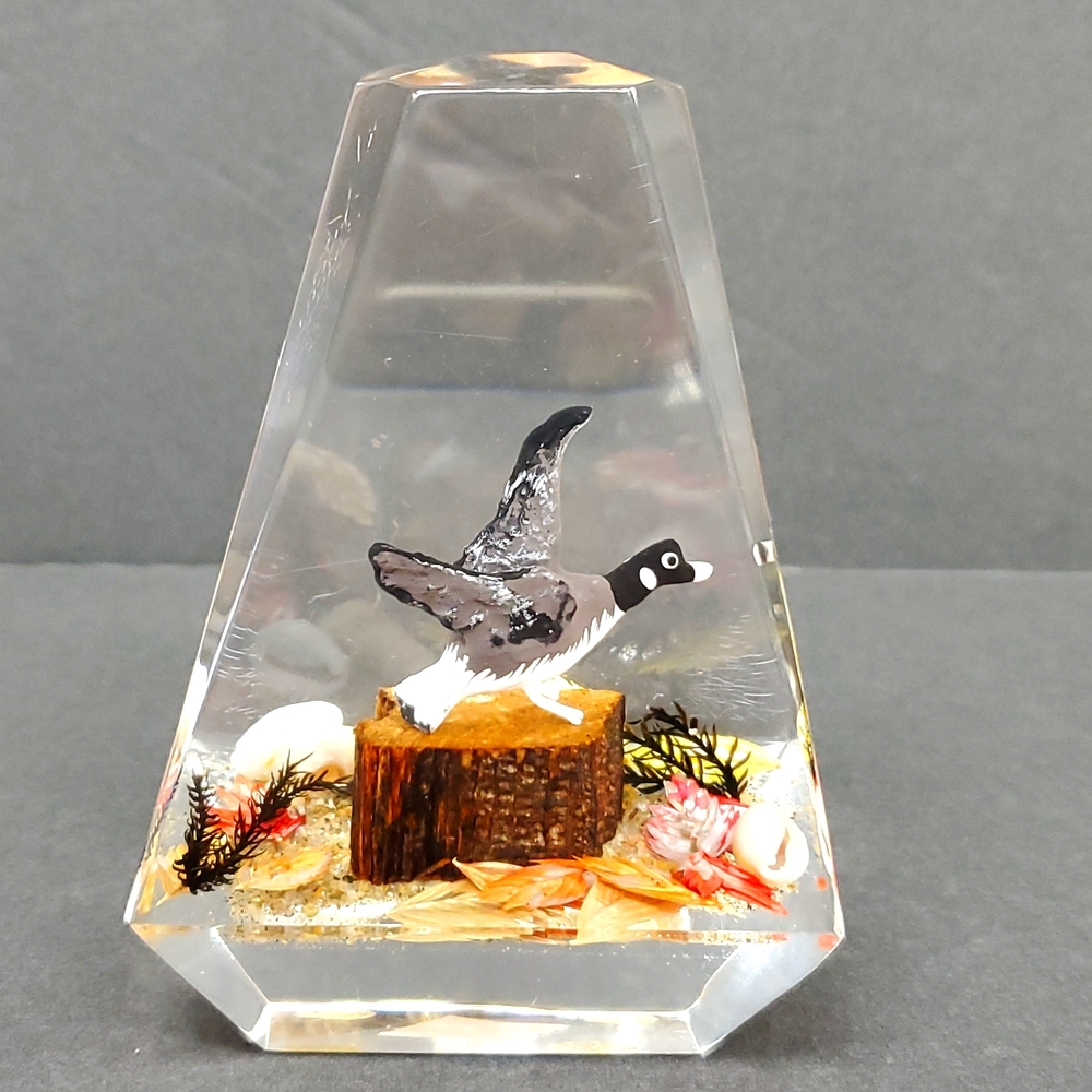 Vintage handcrafted Canada Goose encased inside a lucite prism paperweight